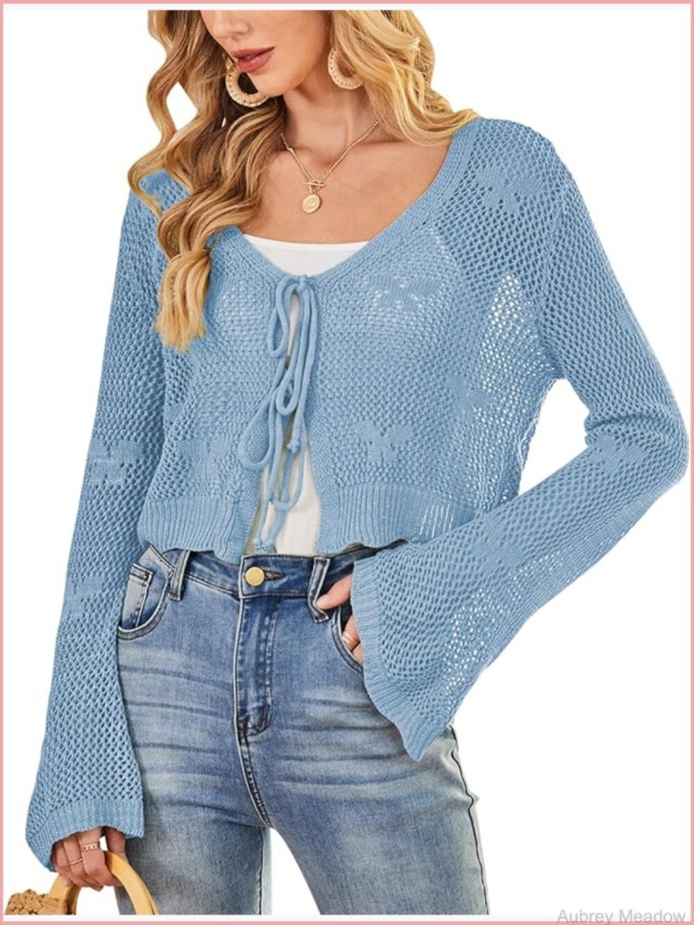 Tie Front Crochet Cardigan Crop Sweater Long Bell Sleeve Knit Shrug Beach Cover